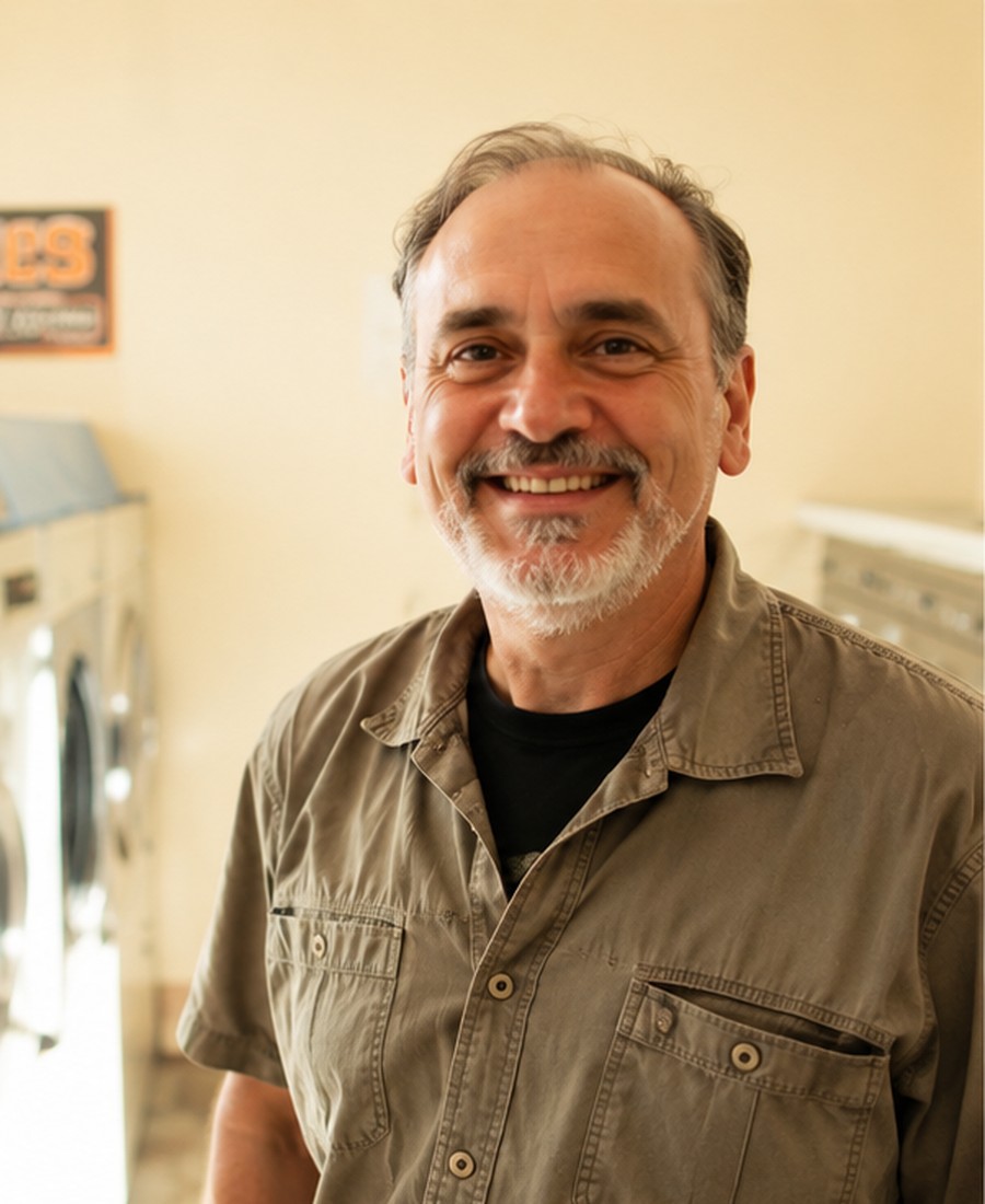 Andrew, a laundromat owner standing among his machines